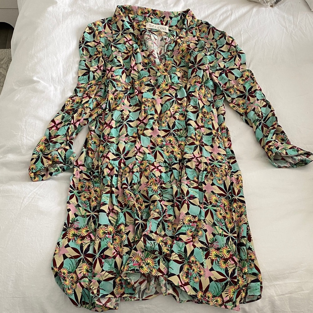 SALONI Floral Print Long Sleeve Mini Dress in Mint, Black, Pink, Yellow